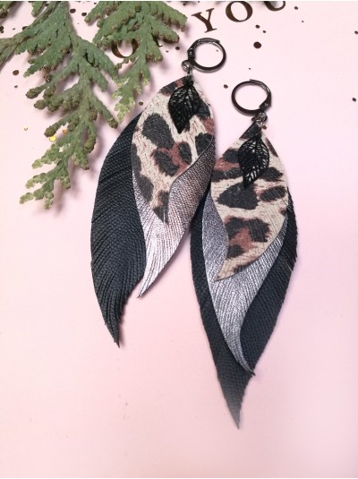 Leopard black leather feather earrings,  handmade genuine leather jewelry.