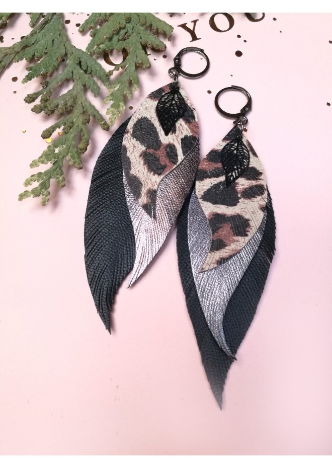 leather feather earrings black genuine leather jewelry 