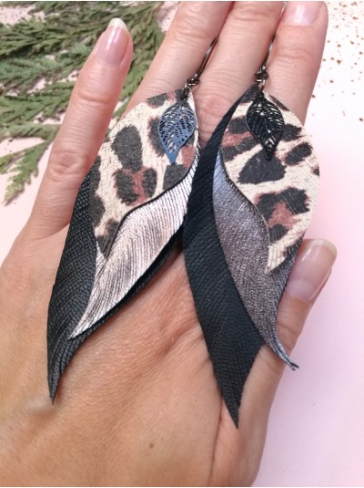 Leopard black leather feather earrings,  handmade genuine leather jewelry.