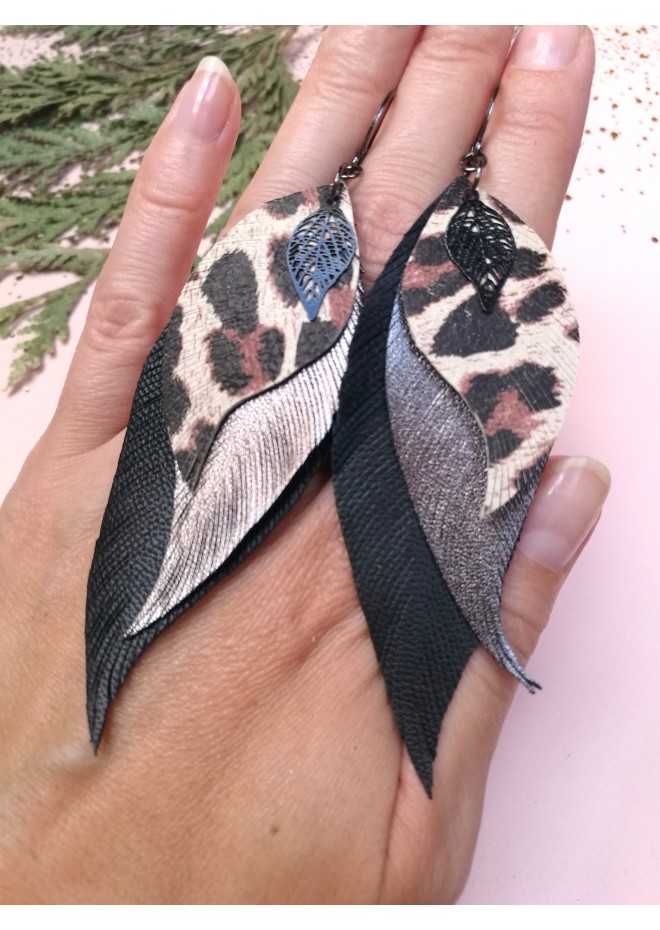 leather feather earrings black genuine leather jewelry 