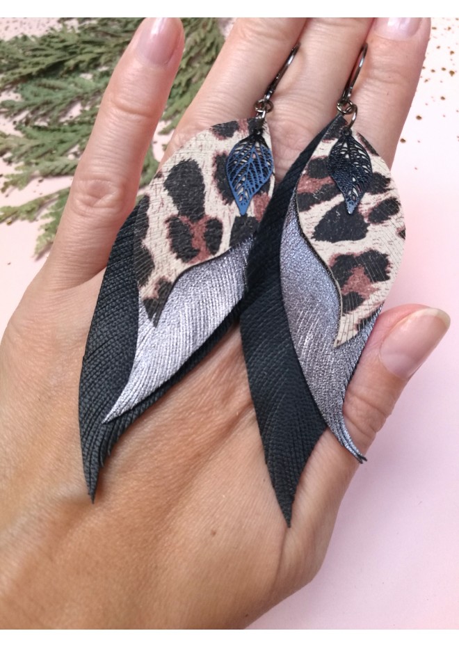 leather feather earrings black genuine leather jewelry 