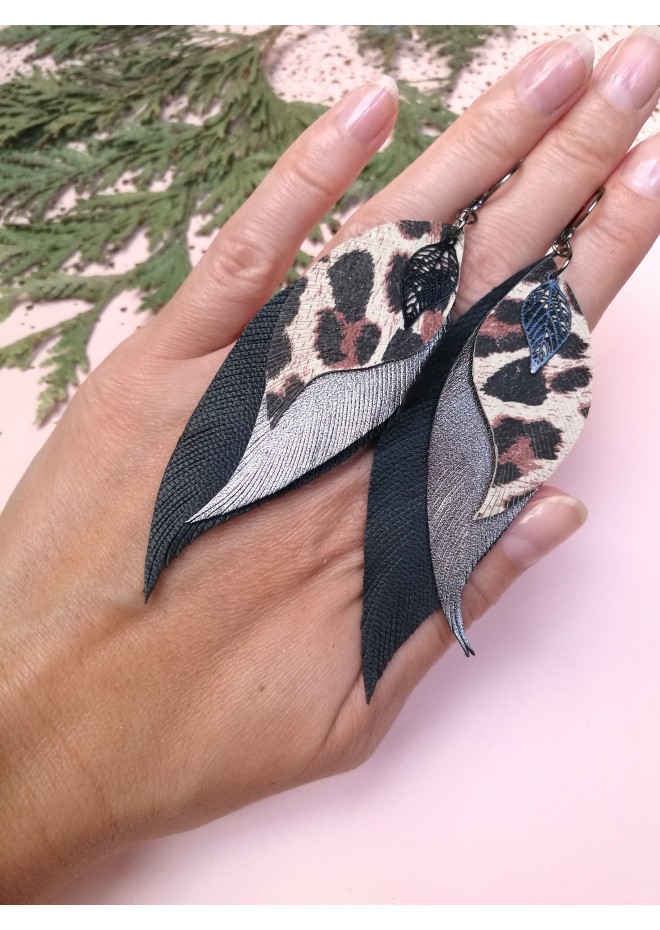 leather feather earrings black genuine leather jewelry 