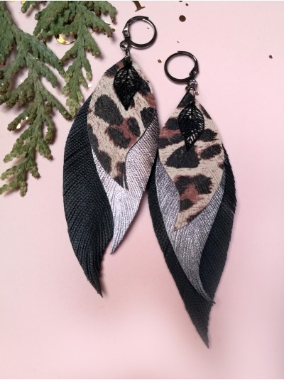 Leopard black leather feather earrings,  handmade genuine leather jewelry.