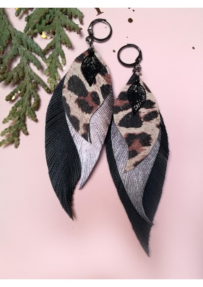 leather feather earrings black genuine leather jewelry 