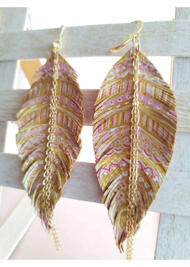 hand paint sand long feather earrings genuine handmade leather jewelry 