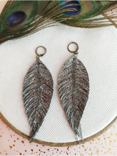 Hand painted gray long feather earrings genuine handmade leather jewelry 