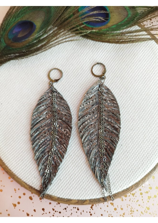 handpaint dark gray long feather earrings genuine handmade leather jewelry 
