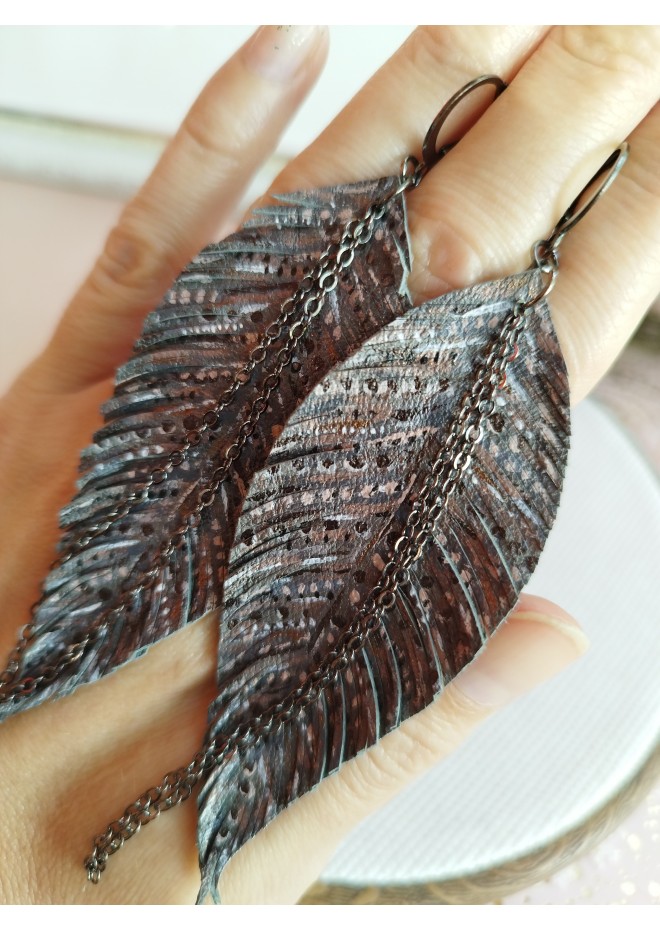 handpaint dark gray long feather earrings genuine handmade leather jewelry 