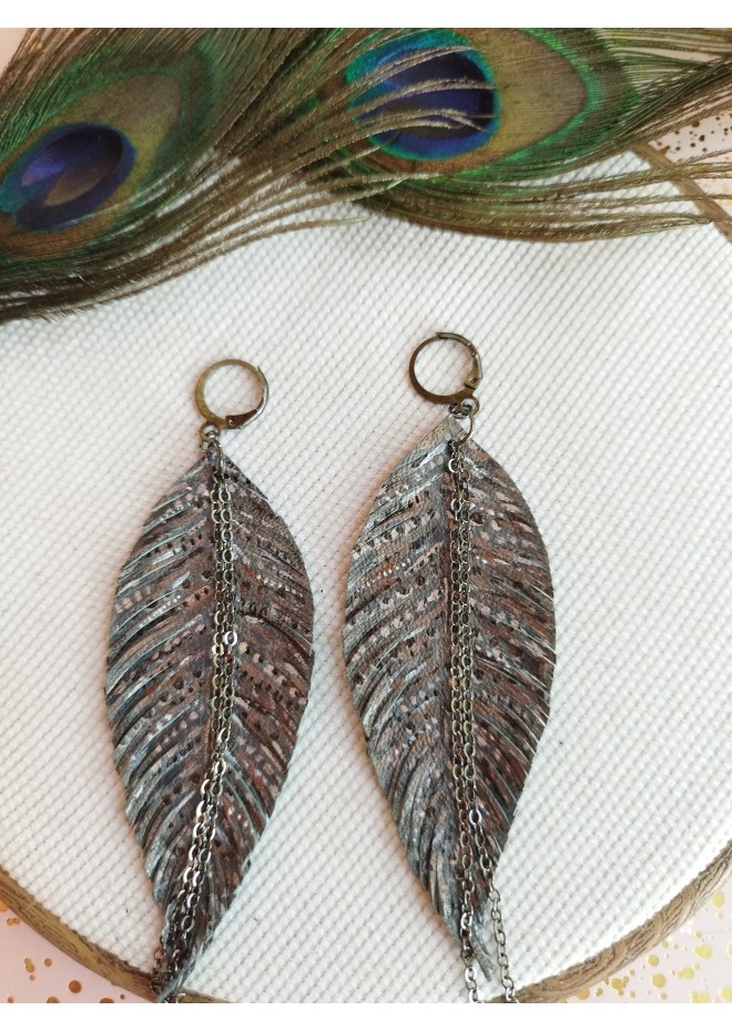 handpaint dark gray long feather earrings genuine handmade leather jewelry 