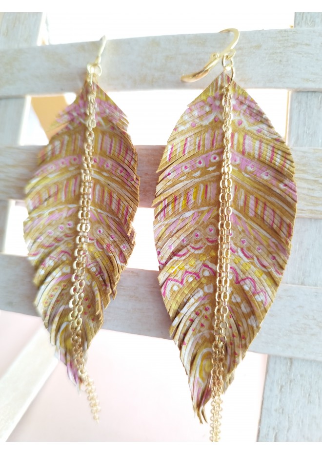 hand paint sand long feather earrings genuine handmade leather jewelry 