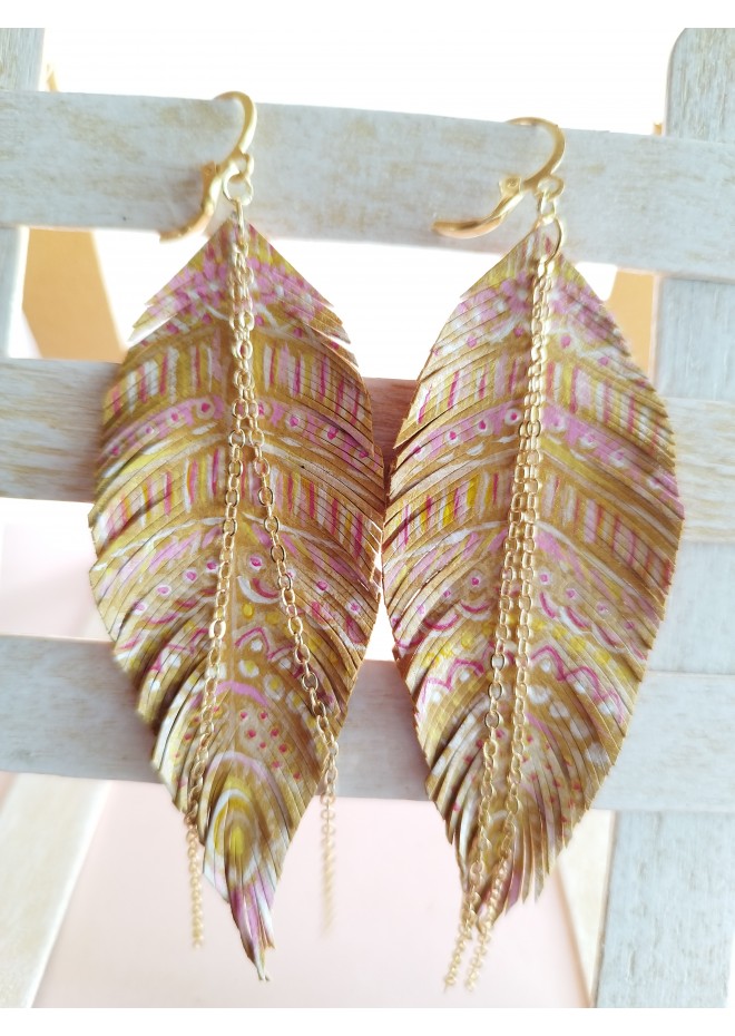 hand paint sand long feather earrings genuine handmade leather jewelry 