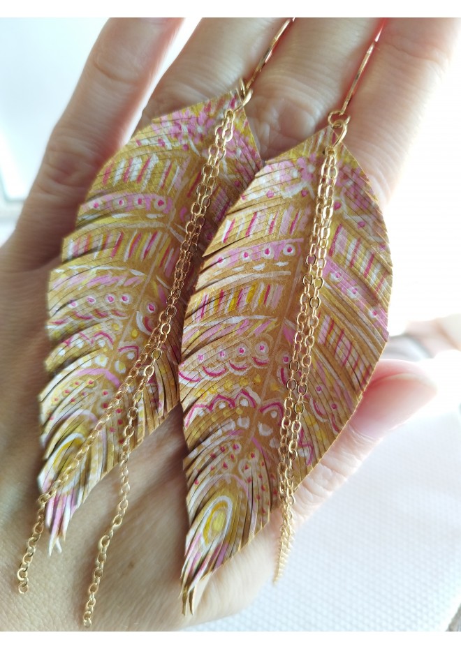 hand paint sand long feather earrings genuine handmade leather jewelry 