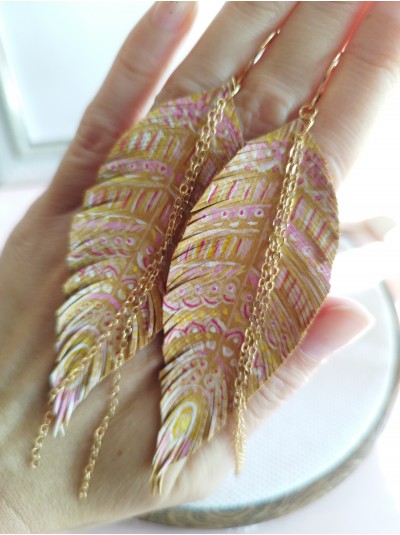 Hand painted caramel leather feather earrings. 