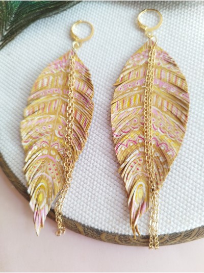 Hand painted caramel leather feather earrings. 