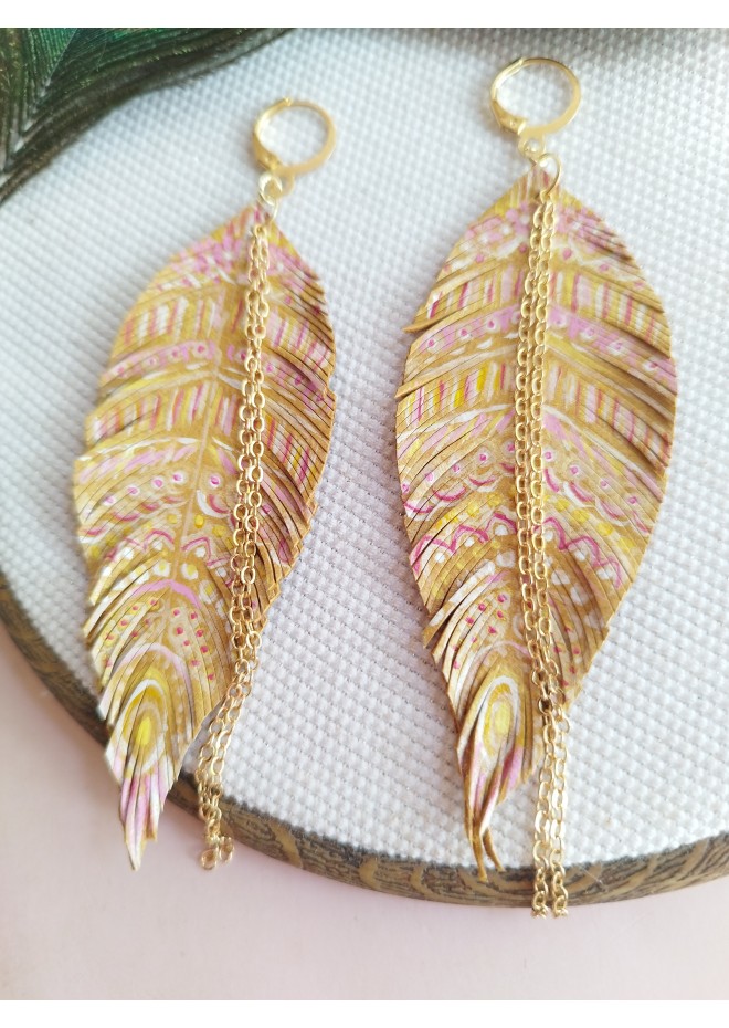 hand paint sand long feather earrings genuine handmade leather jewelry 