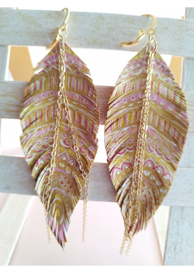 hand paint sand long feather earrings genuine handmade leather jewelry 