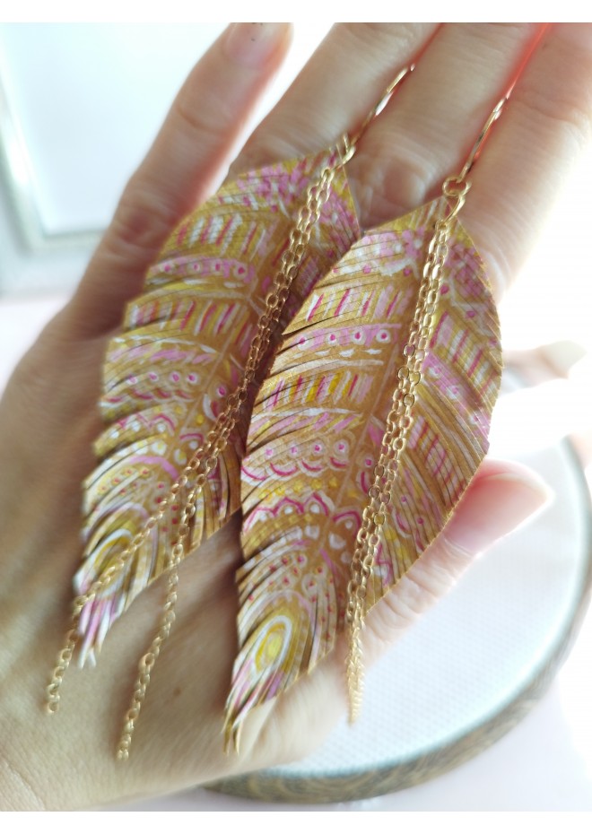 hand paint sand long feather earrings genuine handmade leather jewelry 
