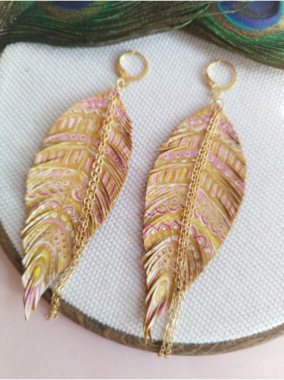 Hand painted caramel leather feather earrings. 