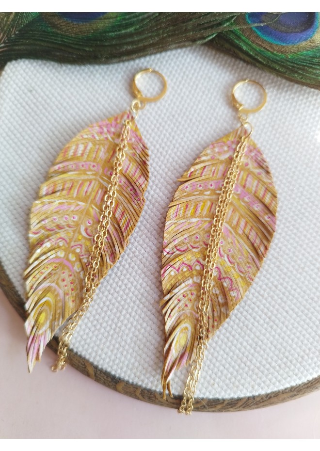 hand paint sand long feather earrings genuine handmade leather jewelry 