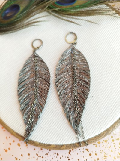 Hand painted gray long feather earrings genuine handmade leather jewelry 