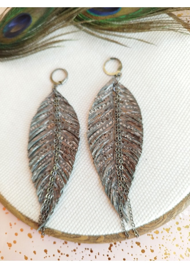 handpaint dark gray long feather earrings genuine handmade leather jewelry 
