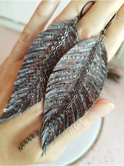 Hand painted gray long feather earrings genuine handmade leather jewelry 