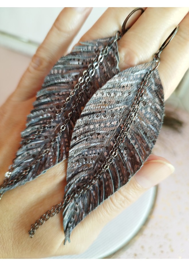 handpaint dark gray long feather earrings genuine handmade leather jewelry 
