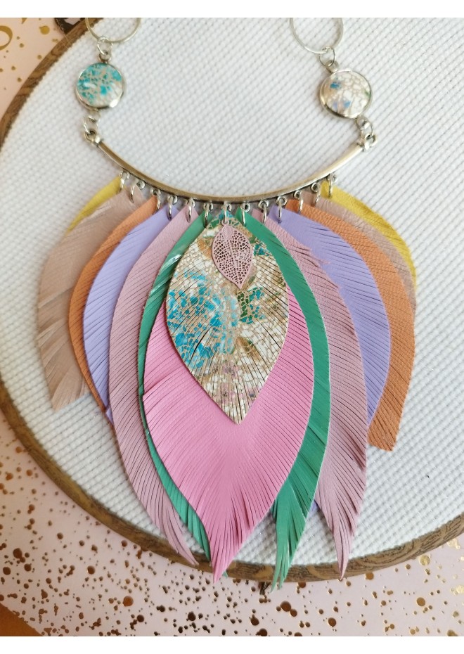 pink mint leather feather bib necklace