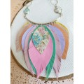 pink mint leather feather bib necklace