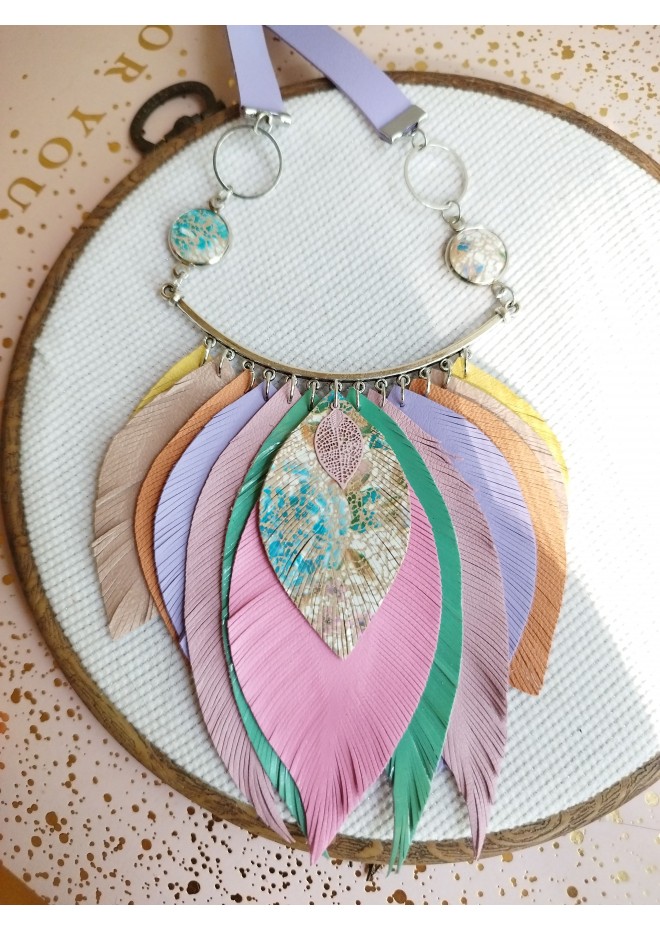 pink mint leather feather bib necklace