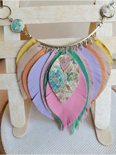 Multi color pink leather feather necklace, bib evening jewelry 