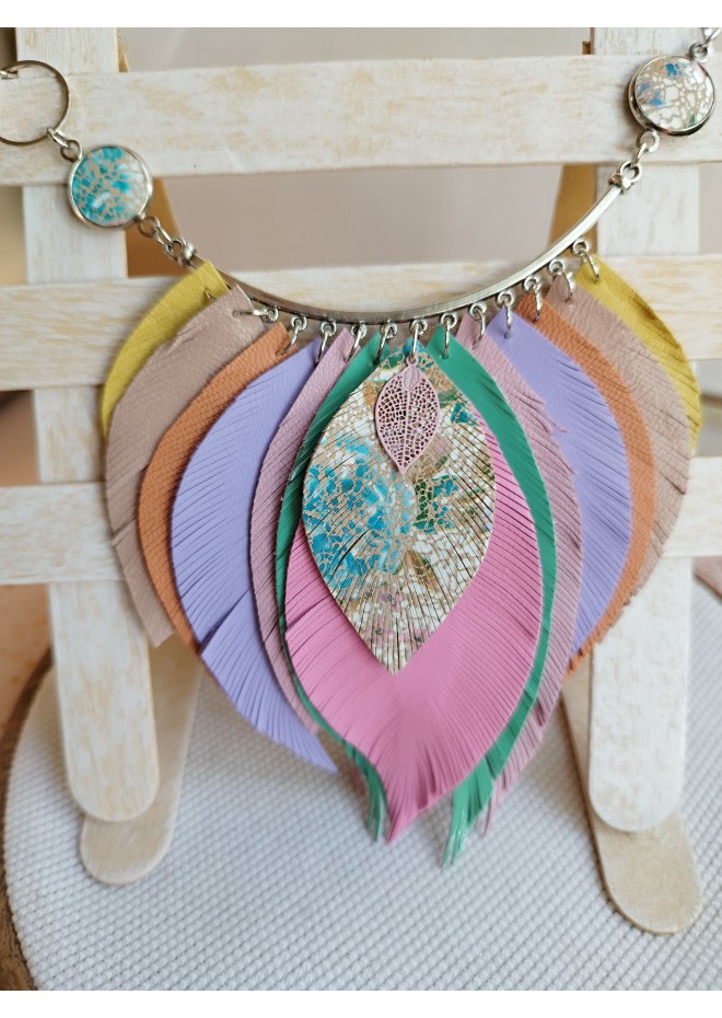 pink mint leather feather bib necklace