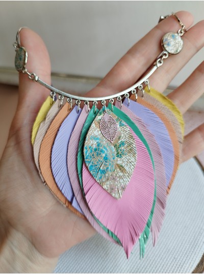 Multi color pink leather feather necklace, bib evening jewelry 