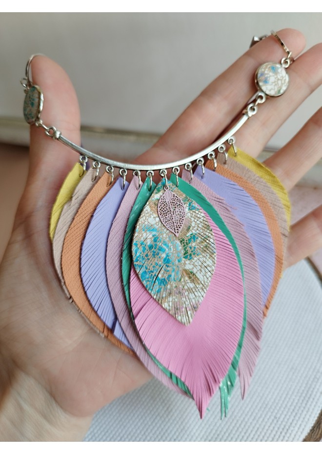pink mint leather feather bib necklace