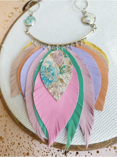 Multi color pink leather feather necklace, bib evening jewelry 