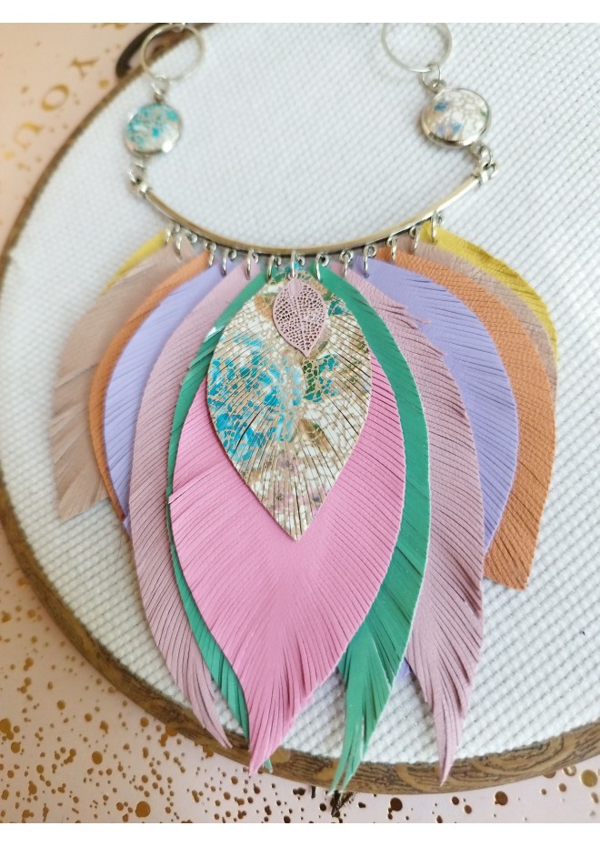 pink mint leather feather bib necklace