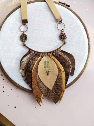 Brown beige leather feather necklace, bib evening jewelry 