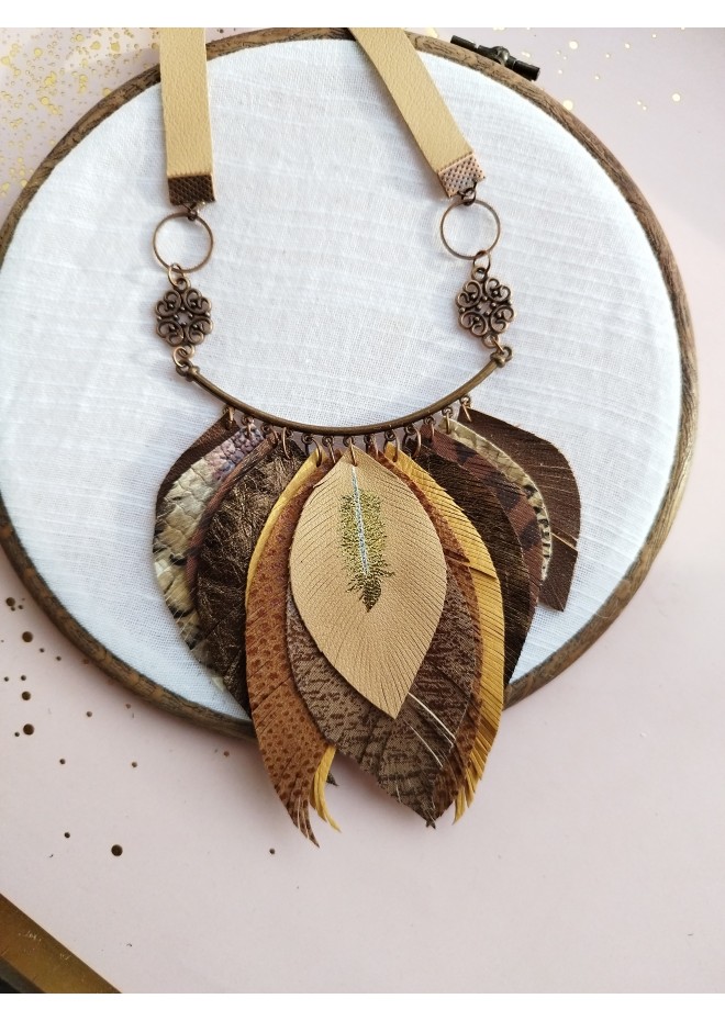 beige brown leather feather necklace
