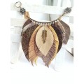 beige brown leather feather necklace