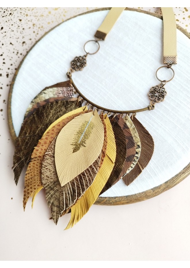 beige brown leather feather necklace