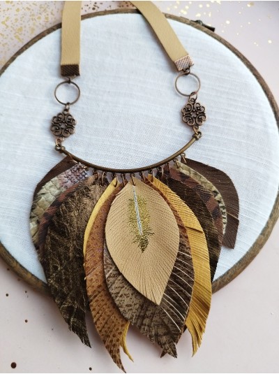 Brown beige leather feather necklace, bib evening jewelry 