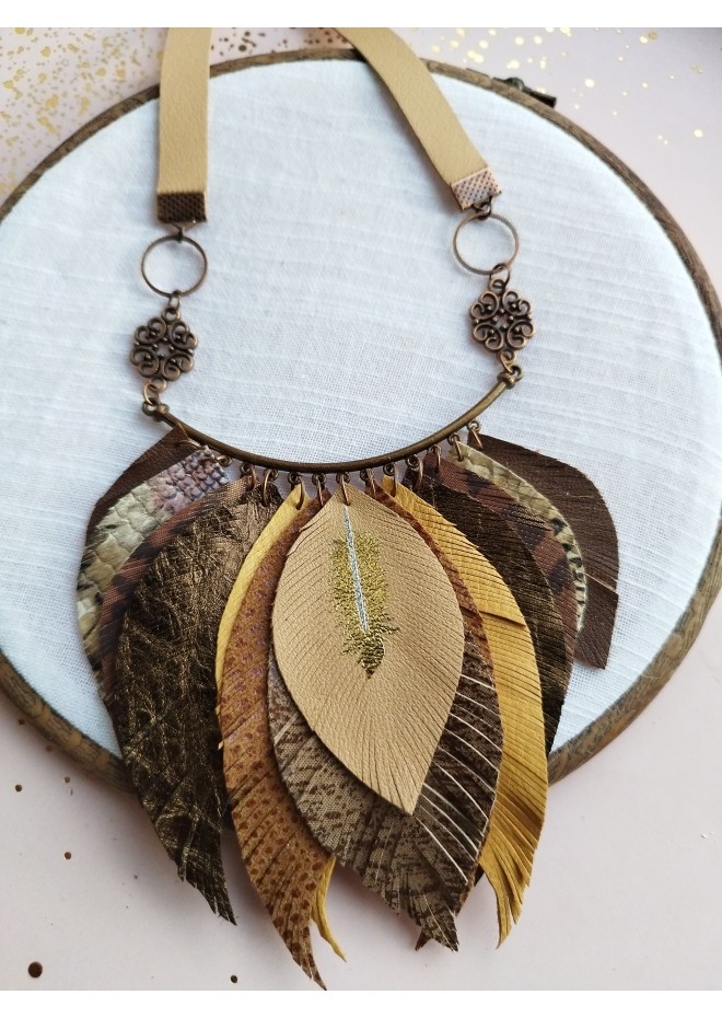 beige brown leather feather necklace