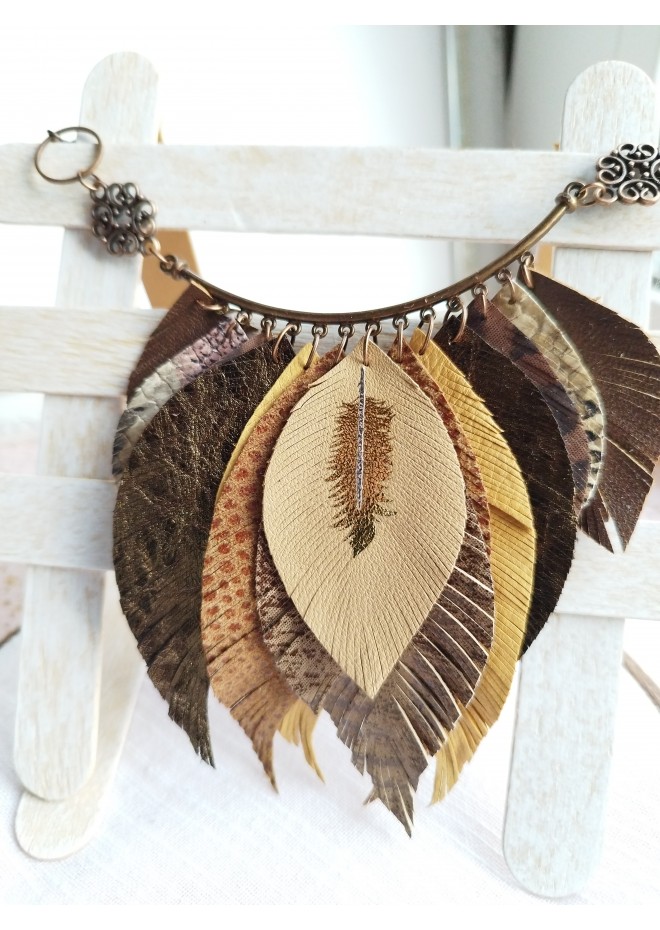 beige brown leather feather necklace