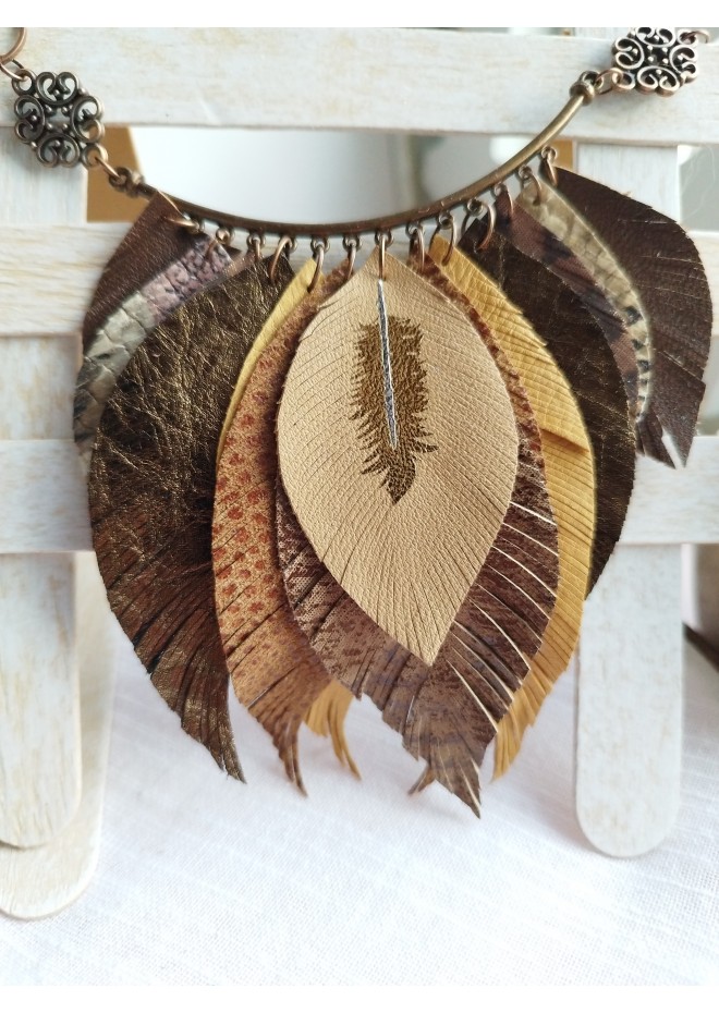 beige brown leather feather necklace