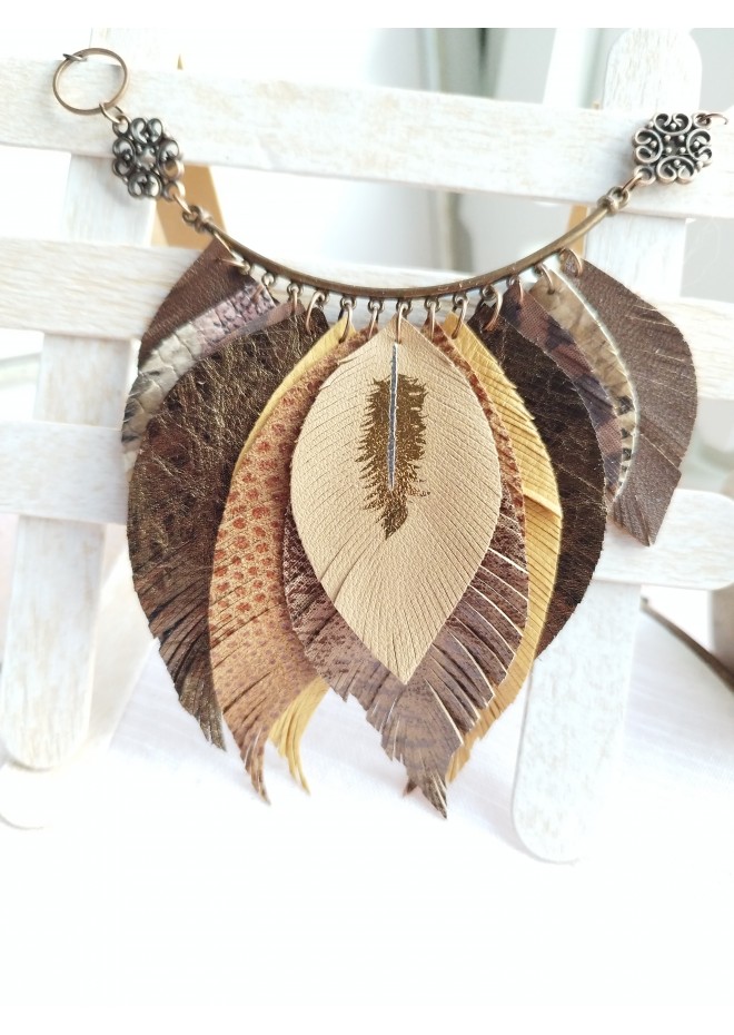 beige brown leather feather necklace