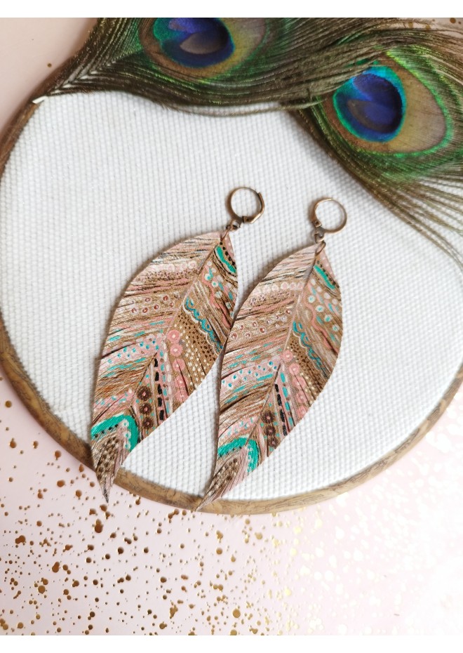 handpaint pink blue long feather earrings genuine handmade leather jewelry 