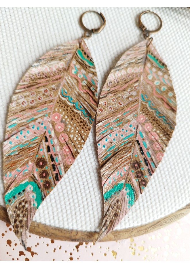 handpaint pink blue long feather earrings genuine handmade leather jewelry 