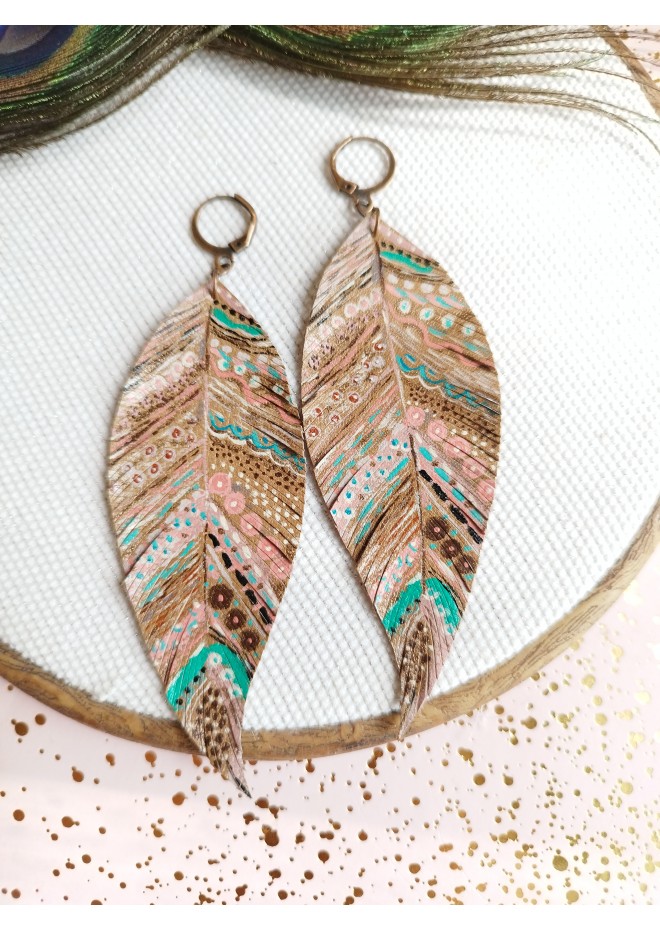 handpaint pink blue long feather earrings genuine handmade leather jewelry 