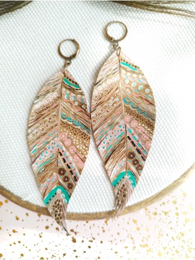 Hand painted native print leather feather earrings.