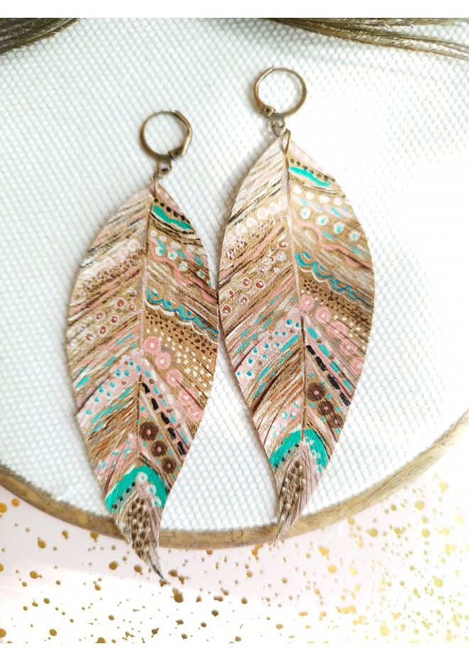 handpaint pink blue long feather earrings genuine handmade leather jewelry 
